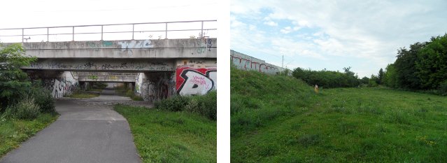 Links: Bahnunterführung Richtung Wedding, Rechts: Grünfläche - Blick in Richtung Pankow/Maximilianstraße 