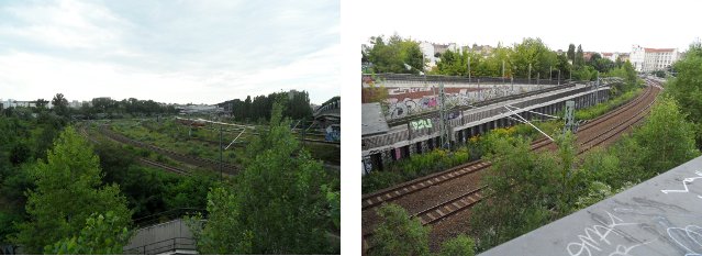 Blick vom Schwedter Steg in Richtung Gesundbrunnen (links) und Schönhauser Allee (rechts)