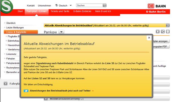S-Bahn Meldung über Kabeldiebstahl und Signalstörung am 26.02.2013 - 6:00h