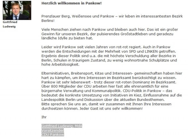 Screenshot: CDU Pankow: Grußwort vom 21.9.2013