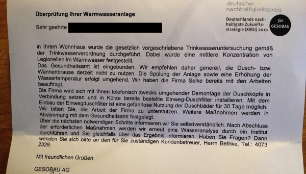 GESOBAU:Schreiben "Überprüfung ihrer Warmwasseranlage vom 20.11.2013