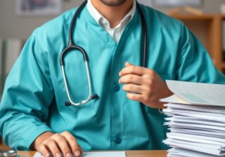 Doktor mit Akten-Stapel